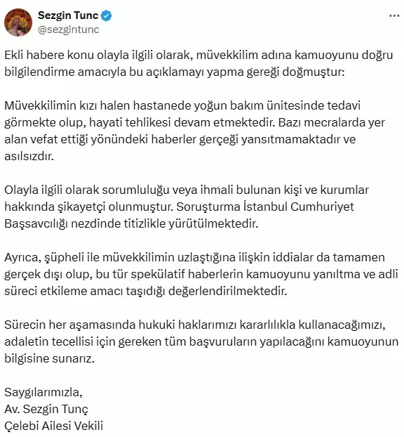 Avukat Göksu Çelebi'nin ailesi: Kızımız ölmedi, yoğun bakımda tedavisi devam ediyor