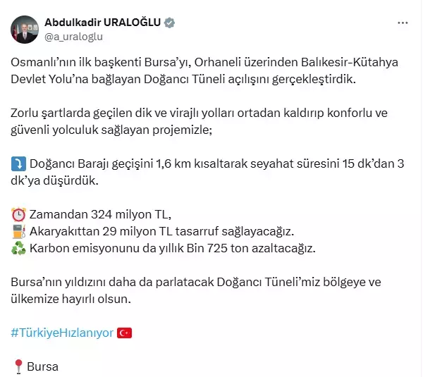 Doğancı Tüneli açıldı: Seyahat süresi 15 dakikadan 3 dakikaya düştü
