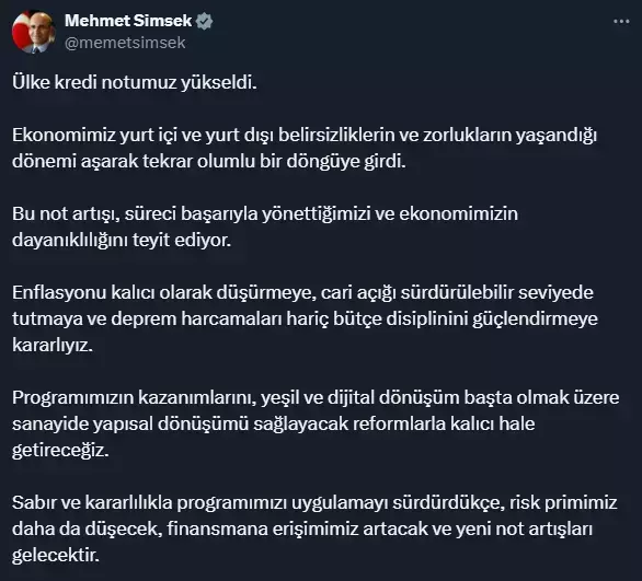 Moody's'in Türkiye kararına Bakan Şimşek'ten ilk yorum: Ekonomimiz tekrar olumlu döngüye girdi