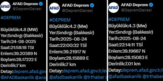 Balıkesir'de ardı ardına 4.8, 4.3 ve 4.2 büyüklüğünde deprem