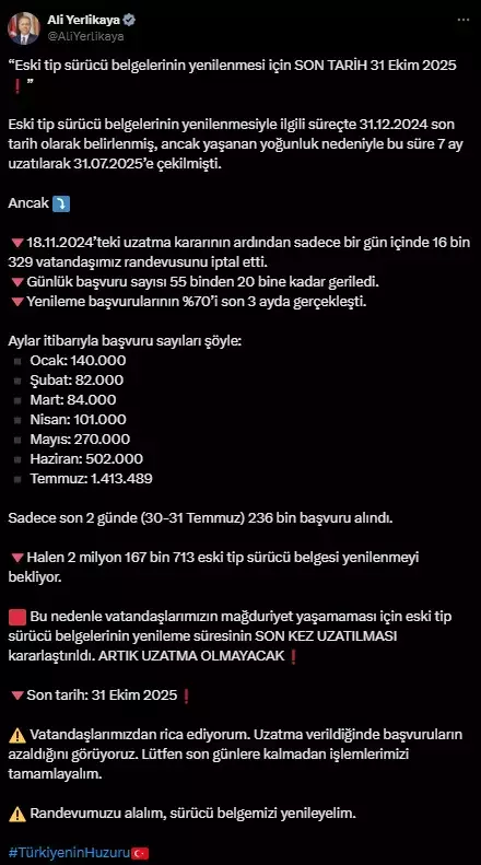 Ehliyet yenileme süresi 31 Ekim 2025'e kadar uzatıldı