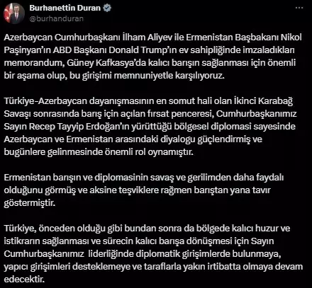 İletişim Başkanı Duran'dan, Azerbaycan ile Ermenistan arasındaki ortak deklarasyona ilişkin açıklama