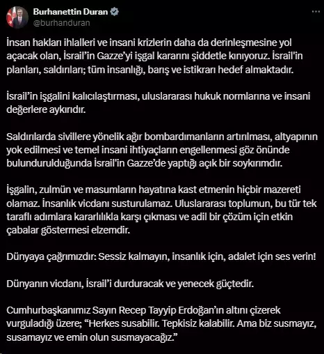 İletişim Başkanı Duran'dan İsrail'in Gazze'yi işgal planına sert tepki