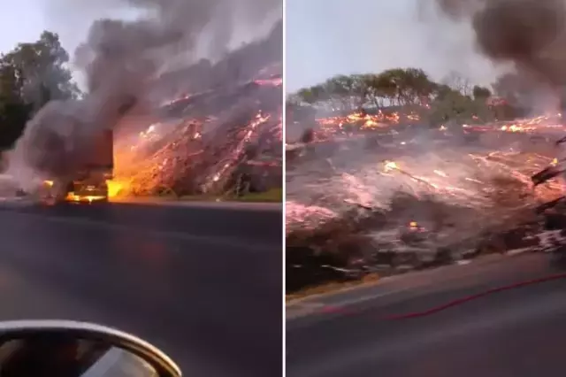 Kara yolunda çıkan yangın ormanlık alana sıçradı