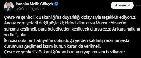 Melih Gökçek: ABB'ye uygulanan ceza Mansur Yavaş'ın şahsına kesilmeli