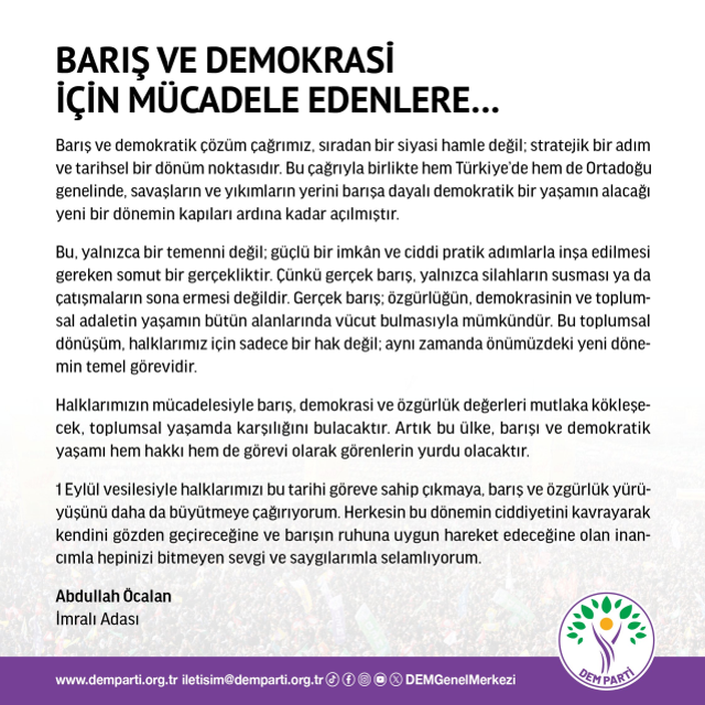 Terör örgütü PKK lideri Abdullah Öcalan'dan Barış Günü mesajı