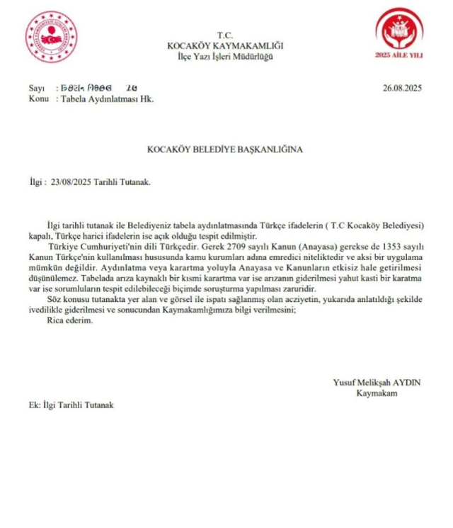 Türkçe kısmı karartan belediyeye kaymakamdan uyarı yazısı