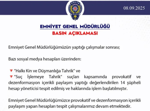 Emniyet Genel Müdürlüğü: 14 sosyal medya hesabı hakkında işlem başlatıldı