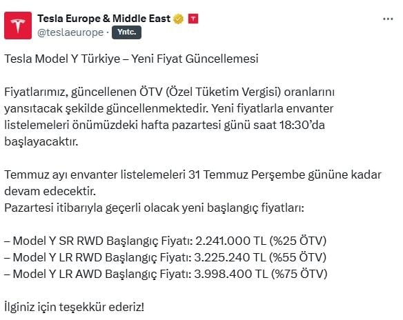 Tesla’dan zam kararı! Fiyatlar Türkiye’de fırladı