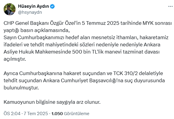 Erdoğan’dan Özel’e 500 bin liralık tazminat davası – Haberler