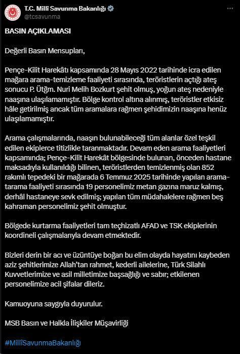 MSB acı haberi duyurdu! Mağarada metan gazından zehirlenen 5 askerimiz şehit oldu – Haberler