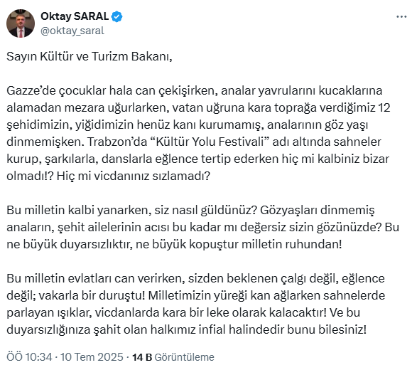 Oktay Saral’dan Bakan Ersoy’a sert eleştiri: Hiç mi vicdanınız sızlamadı? – Haberler