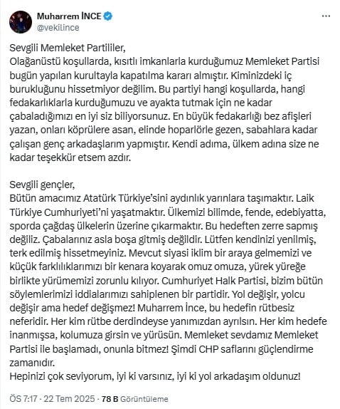Resmen tarihe karıştı! Memleket Partisi kapatıldı