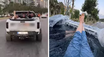En pahalı serinlik: Aracın kasasını havuza çevirip arkadaşlarıyla gezdi